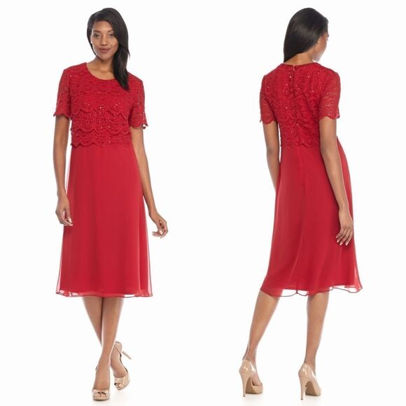 New! R&M RICHARDS Women's Sequined Lace Popover Red Dress Size 12 - Picture 1 of 5